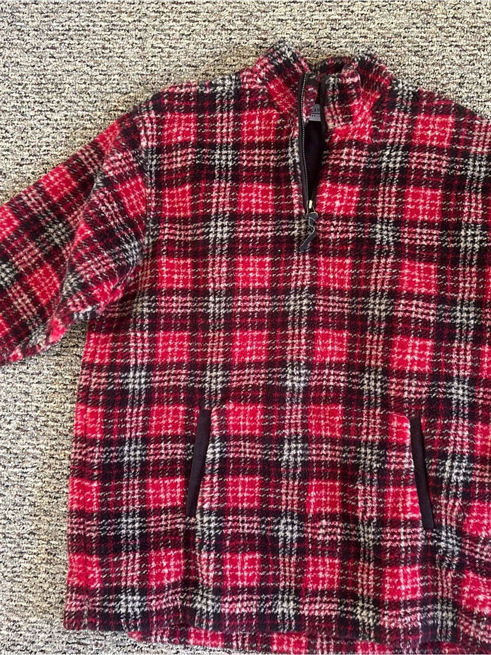 Vintage Marsh Landing Red and Black Plaid Zip-Up Sherpa Sweater